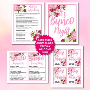 May include: Pink floral themed printable game cards for a Bunco game night. The cards include game rules, scoring rules, and ghost player cards that say "Wish you were here".