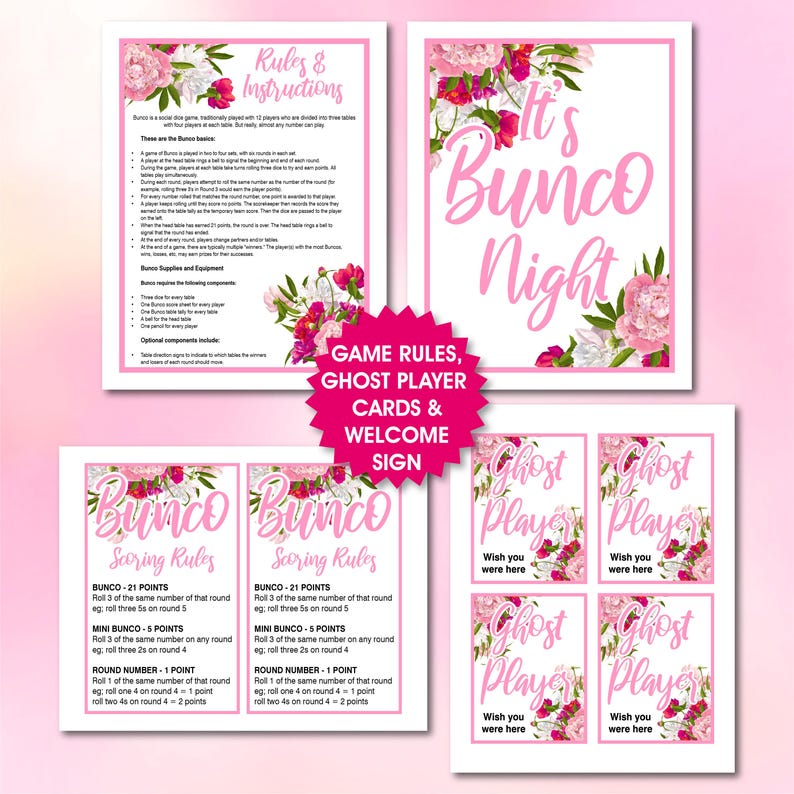 May include: Pink floral themed printable game cards for a Bunco game night. The cards include game rules, scoring rules, and ghost player cards that say "Wish you were here".