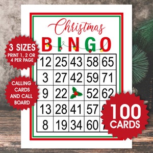 100 cartões de bingo de Natal, 1, 2 ou 4 por página, jogo de Natal, bingo de férias, jogo divertido para festas, download de PDF, cartões de bingo de Natal