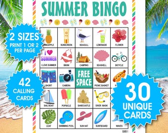 Summer Bingo Game, 30 Unique Cards, Beach Party Activity (PDF Files)