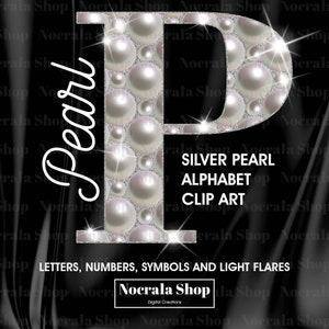 Clipart alfabeto perla argento, clipart PNG lettere, monogramma perla, clipart matrimonio, alfabeto glam, download istantaneo PNG 40 lettere