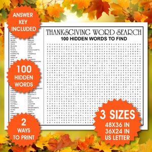 Giant Thanksgiving Word Search, Thanksgiving Fun Game, Printable Word Search, Large Word Search, Thanksgiving Classroom Activity, PDF Files