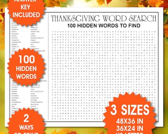 Gigantische woordzoeker Thanksgiving, leuk spel Thanksgiving, Woordzoeker afdrukbare, Grote woorden zoeken, Thanksgiving klasactiviteit, pdf-bestanden