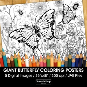 5 carteles gigantes de mariposas para colorear, póster para colorear, página para colorear para adultos, página para colorear enorme, póster imprimible de 36" x 48"