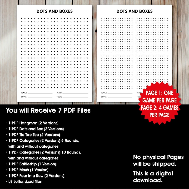 Op de afbeelding: Twee witte afdrukbare spelvellen voor Dots and Boxes, met zwarte stippen gerangschikt in een raster. De tekst "DOTS AND BOXES" staat bovenaan. Bevat 7 PDF-bestanden: Galgje, Tic Tac Toe, Categorie&euml;n, Zeeslag, Mash en Vier op een rij.