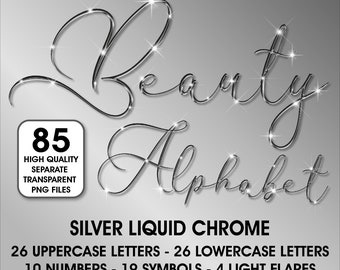 Può includere: Un set di 85 file PNG di alta qualità, separati e trasparenti, che presentano un alfabeto in cromo liquido argentato. Il set include 26 lettere maiuscole, 26 lettere minuscole, 10 numeri, 19 simboli e 4 bagliori di luce. La parola "Beauty" è scritta in corsivo sopra la parola "Alphabet".