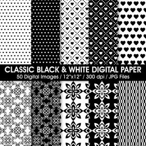 Classic Black & White Patterns, Seamless Digital Paper (50 JPG Files ...