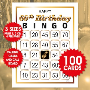 100 Happy 60th Birthday Bingo-Karten, 1, 2 oder 4 pro Seite, lustiges Partyspiel, Geburtstagsaktivität, Geburtstags-Bingo für Erwachsene, PDF-Dateien