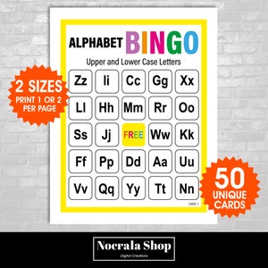 50 alfabet bingokaarten, 1 of 2 per pagina, leuk gezelschapsspel, klasactiviteit, hoofdletters en kleine letters bingo, PDF-bestanden