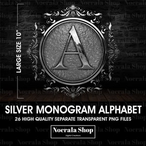 Könnte beinhalten: Ein silberner Monogramm-Buchstabe A in einem dekorativen Rahmen vor einem strukturierten Hintergrund in Schwarz und Weiß. Der Text "SILVER MONOGRAM ALPHABET" und "26 HIGH QUALITY SEPARATE TRANSPARENT PNG FILES" befindet sich unter dem Bild. Der Text "Nocrala Shop Digital Creations" befindet sich am unteren Rand des Bildes.
