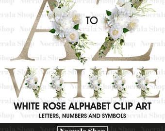 White Rose Floral Alphabet Clipart, Letters, Numbers, Symbols (PNG, Instant Download)