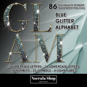 Blue Glitter Glam Alphabet Clipart, PNG ClipArt, Bling Alphabet, Sparkling Gold Foil Letters, High Shine Alphabet, Luxury Alphabet