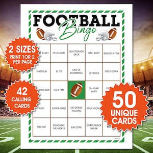 May include: A Football Bingo game card featuring a grid with football-themed terms like Field Goal, Blitz, and Touchdown. The design includes illustrations of footballs and helmets, with text stating 2 SIZES, 42 CALLING CARDS, and 50 UNIQUE CARDS.