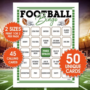 50 Unique Printable Football Bingo Cards. Football Bingo, American Football Game, Football Activity, Kid's Printable Bingo Game,  PDF file