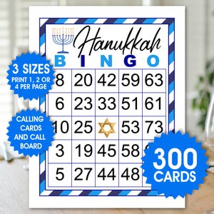 300 cartes de bingo de Hanoucca, 1, 2 ou 4 par page, jeu de Hanoucca, bingo des Fêtes, jeu amusant de fête, téléchargement PDF, cartes de bingo de Hanoucca