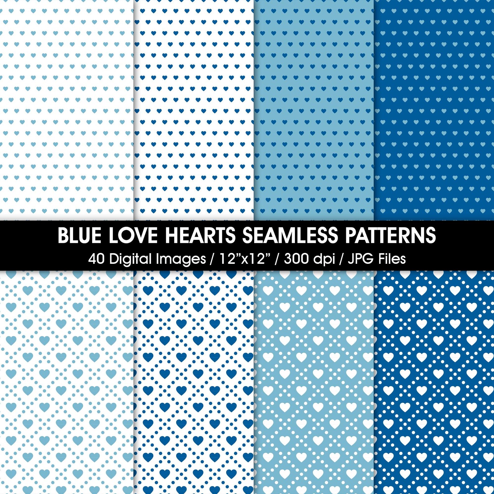 40 Blue Love Hearts Seamless Pattern Digital Papers, Printable ...