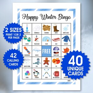 40 tarjetas de bingo Happy Winter, 1 o 2 por página, juego de invierno, actividad de invierno, bingo Happy Winter para niños, archivos PDF