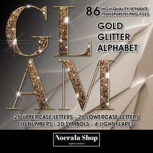 Gouden glitter Glam alfabet clipart, PNG digitale illustraties, bling alfabet, sprankelende goudfolie letters, hoogglans alfabet, luxe alfabet