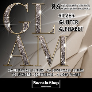 Imágenes prediseñadas del alfabeto Glam de brillo plateado, imágenes prediseñadas PNG, alfabeto Bling, letras de lámina de oro brillante, alfabeto de alto brillo, alfabeto de lujo