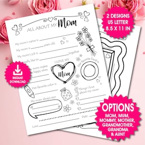 All About my Mom Fill in the Blanks Questionnaire, Mother&#39;s Day Coloring Page, Printable Gift for mom, Printable Mother&#39;s day worksheet, PDF