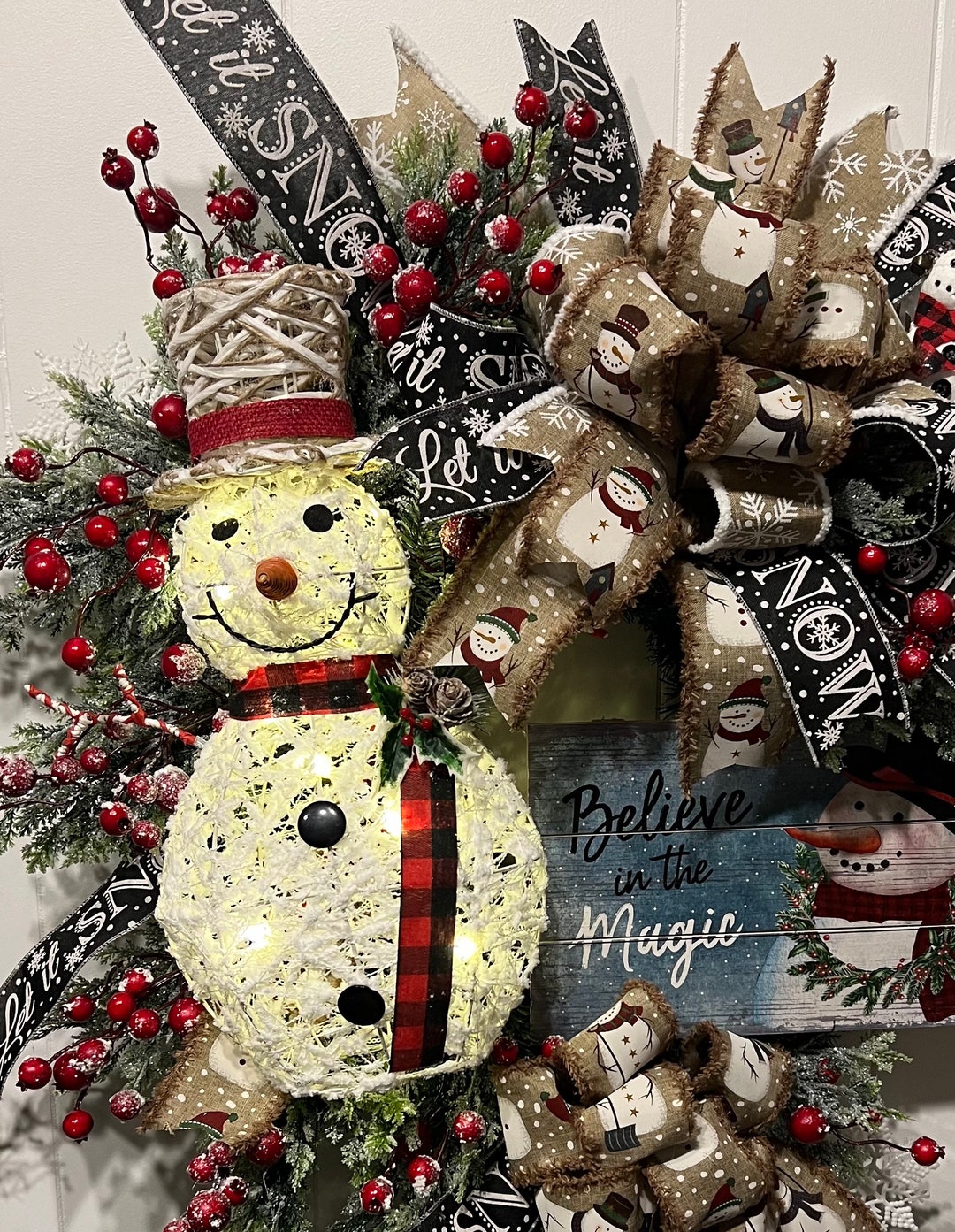 Large Designer Lighted Snowman Winter Wreath Etsy