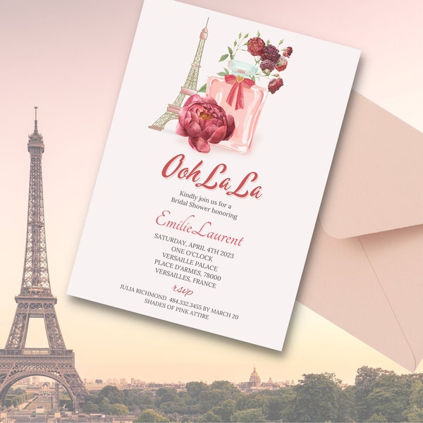 Paris Dreaming Bridal Shower Invitation, Editable French perfume Valentines Card, Floral Engagement Wedding Printable and Digital Download
