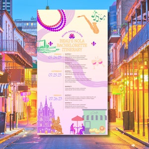 ニューオーリンズの独身パーティーの旅程テンプレート、NOLA 編集可能な週末のシャワー招待状、印刷可能な結婚式プログラムとデジタルダウンロード