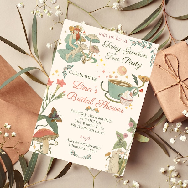 Fairy Garden Bridal Shower Invitation, Fantasy Toadstool Tea Party Custom Card, Woodsy Nature Engagement Wedding Printable Digital Download