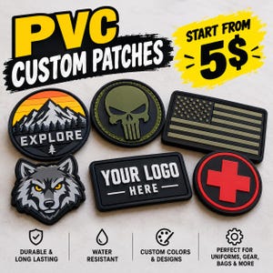 May include: A collection of six PVC custom patches featuring various designs including a mountain landscape with the text EXPLORE, a skull, an American flag, a wolf head, a rectangular patch with the text YOUR LOGO HERE, and a red cross.