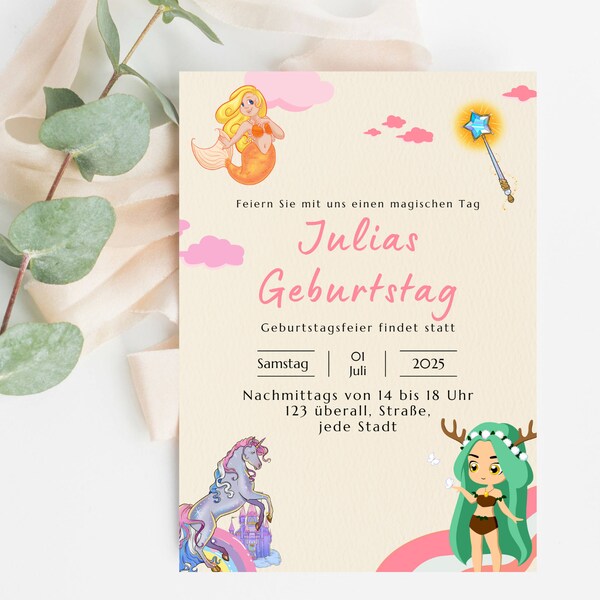Digital Birthday Invitation Template Personalized Printable in Canva Download, Kids Birthday Girls Unicorn Mermaid Party
