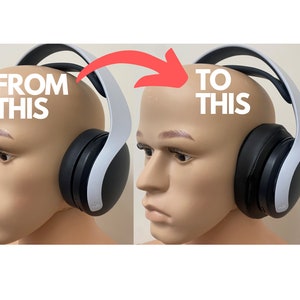 May include: A side-by-side comparison of two white and black headphones. The left headphone has a headband that is bent out of shape. The right headphone has a headband that is straight. The text "FROM THIS" is above the left headphone and the text "TO THIS" is above the right headphone.