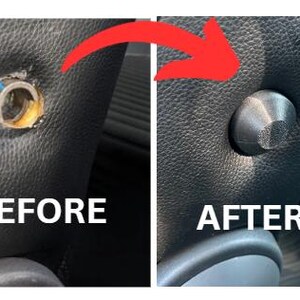 May include: Image showing a before-and-after comparison of a car seat repair. The "BEFORE" image displays a damaged seat with a visible hole. The "AFTER" image shows the seat repaired with a new, dark-colored button-like fastener. The text "BEFORE" and "AFTER" are visible.