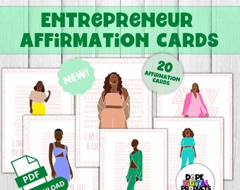 May include: A collection of entrepreneur affirmation cards featuring illustrations of diverse women in various outfits. The cards have affirmations such as "I am capable of making tough decisions." The image includes the text "Entrepreneur Affirmation Cards" and "20 Affirmation Cards."