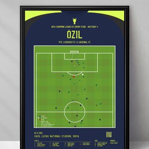 May include: A green soccer field with player movement lines and a scoreboard showing the score of Ludogorets 2-3 Arsenal. The game was played on November 1, 2016 at the Vasil Levski National Stadium in Sofia, Bulgaria. The text "OZIL" is displayed at the top of the image.