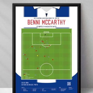Può includere: Uno schema di campo da calcio che mostra le posizioni dei giocatori durante una partita tra FC Porto e Manchester United. Lo schema mostra la porta, il centrocampo e le aree di rigore. I giocatori sono rappresentati da piccoli cerchi con numeri al loro interno. Lo schema è intitolato "Benni McCarthy" e include la data "25.02.2004" e la posizione "Estadio do Dragao, Porto".