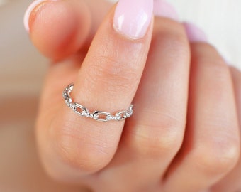 Chain Link Stackable Sterling Silver Band, Silver Rings For Her, Anniversary Gifts For Women, Best Friend Birthday Gift