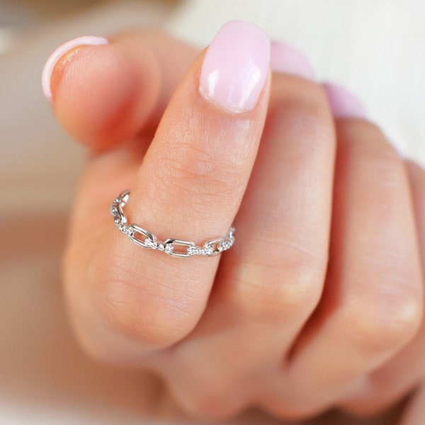 Chain Link Stackable Sterling Silver Band, Silver Rings For Her, Anniversary Gifts For Women, Best Friend Birthday Gift