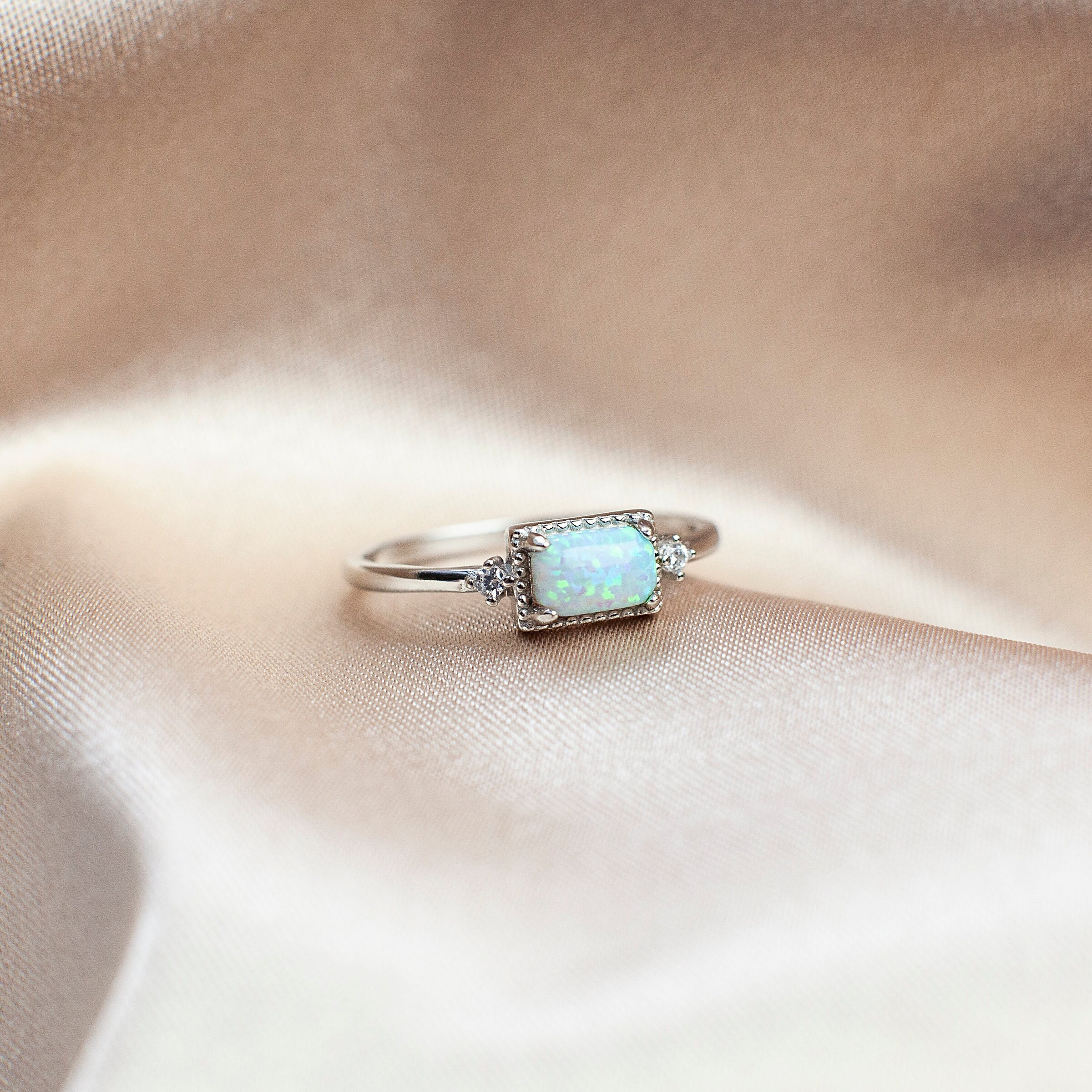 Dainty Sterling Silver Opal Ring with CZ Diamonds