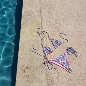 Cottage Core Patchwork Handmade Reversible String Swim Bikini Bottoms