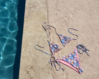 Cottage Core Patchwork Handmade Reversible String Swim Bikinihöschen