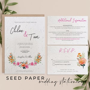 TARJETA DE SEMILLAS DE BODA Invitaciones de boda de papel con semillas ecológicas, plantables y hechas a mano para un futuro sostenible y alegre, flores brillantes