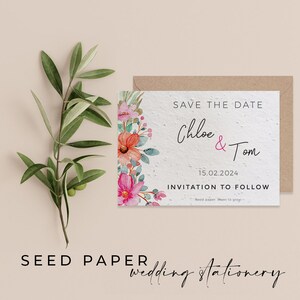 Papier ensemencé plantable Save the Date carte d’invitation, invitations de mariage durables, papier de graines biodégradable écologique - Bright Blooms