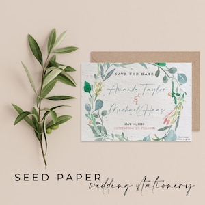 Papel PLANTÁVEL com sementes Cartão de convite Save the Date, convites de casamento sustentáveis, papel de semente biodegradável ecológico -Eucalipto