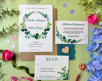 Plantable Wedding Invitations | Seed Paper Wedding Invites with Envelopes | Eco Friendly Biodegradable Stationery | Foliage