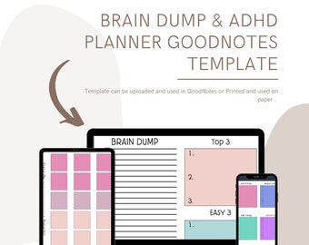 May include: A digital planner template for GoodNotes app, featuring a brain dump section, a top 3 list, and an easy 3 list. The template is designed to help users organize their thoughts and ideas.