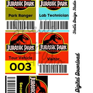 May include: A collection of five rectangular Jurassic Park themed identification badges featuring the iconic dinosaur skeleton logo. The badges include labels for Park Ranger, Lab Technician, Tour Vehicle 003, Visitor, and Security, each with a barcode.