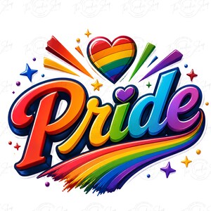 Puede incluir: Un diseño gráfico colorido que presenta la palabra Pride en letras negritas y tridimensionales con un degradado de arcoíris. Sobre el texto hay un corazón con rayas de arcoíris, y toda la composición está acentuada con pequeñas estrellas y un trazo de arcoíris.