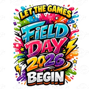 Può includere: Un design grafico colorato con il testo "LET THE GAMES BEGIN" e "FIELD DAY 2026". Il design presenta colori vivaci, tra cui blu, rosa, giallo e viola, con stelle e accenti di fulmini. Il tema generale è una celebrazione di una giornata campestre.