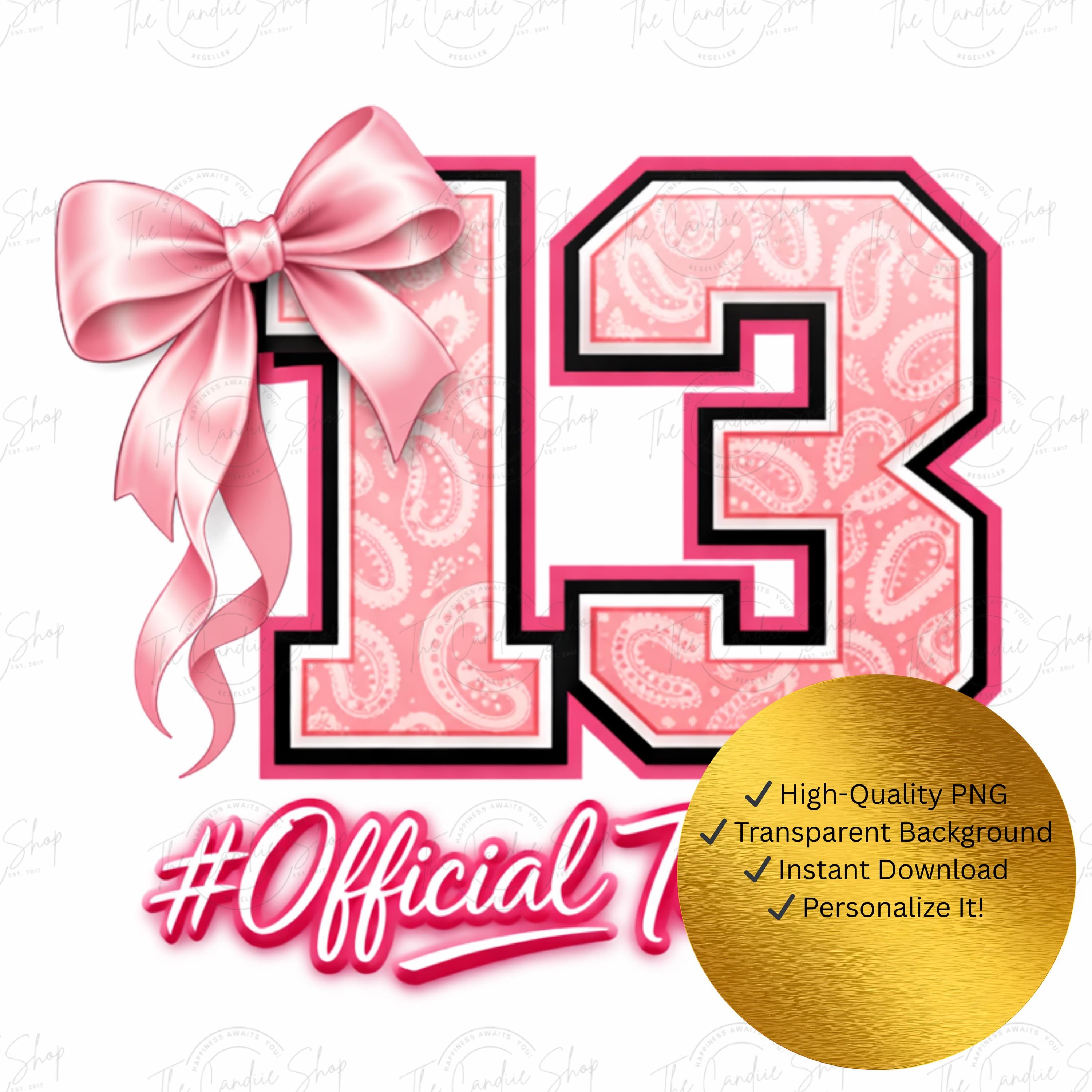 Official Teenager 13 PNG, Pink Varsity Numbers, Birthday Bow ...