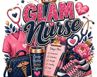 Enfermera glamurosa PNG, uniforme médico estampado en rosa, detalles en oro rosa, diseño floral (descarga digital)